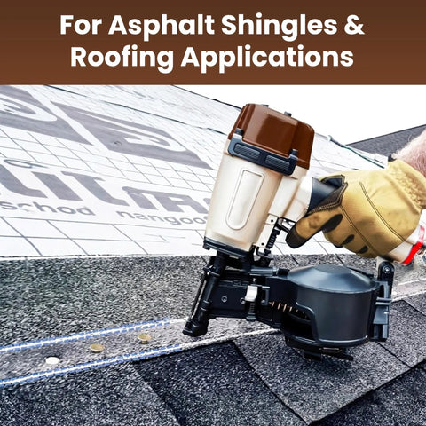 Heavy Duty Coil Roofing Nails 1 1/4 Inch Electro Galvanized Smooth Shank 15 Degree Spiral Fasteners No Sweat Nail Gun Feeding being used on asphalt shingles.