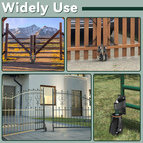 Tough As Nails Eight Inch Gate Wheels With Spring Suspension For Fence And Yard Doors on wooden and metal gates in various settings.
