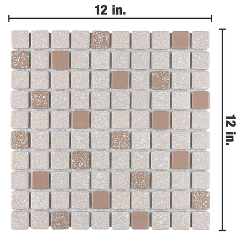 Beige Porcelain Tile 12x12 Crystalline Square Mosaic For Floor And Wall Mesh Mounted Glazed With Mixed Texture And Subtle Color Variation Grade 1 First Quality PEI IV 10.2 Sq Ft Case Great Value, showing full tile layout with 12x12 dimensions.