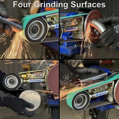Heavy Duty 1 HP Workhorse Industrial Belt And Bench Grinder Combo Featuring Multitool Attachment in action with sparks and four surfaces.