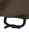 Close-up of beefy heavy duty polyester outdoor patio furniture cover with secure straps, beige tan color, waterproof UV resistant, 110 by 84 inches.