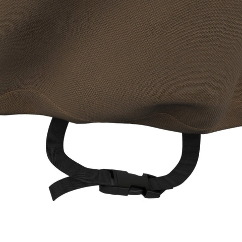 Close-up of beefy heavy duty polyester outdoor patio furniture cover with secure straps, beige tan color, waterproof UV resistant, 110 by 84 inches.
