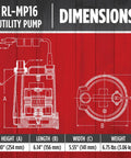 Technical blueprint of RL-MP16 115 Volt 1/6 HP Submersible Utility Pump With 1300 GPH Flow, Manual Thermoplastic Design.