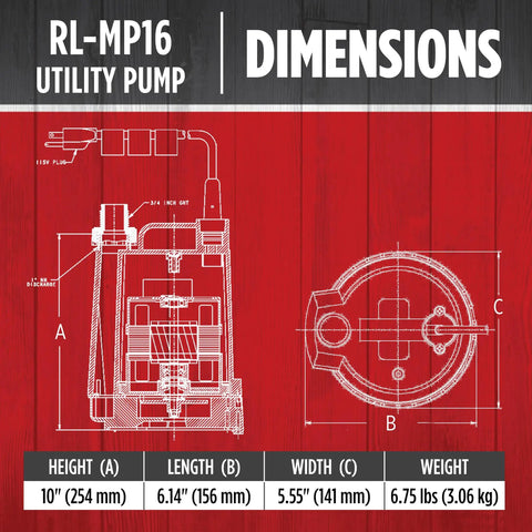 Technical blueprint of RL-MP16 115 Volt 1/6 HP Submersible Utility Pump With 1300 GPH Flow, Manual Thermoplastic Design.