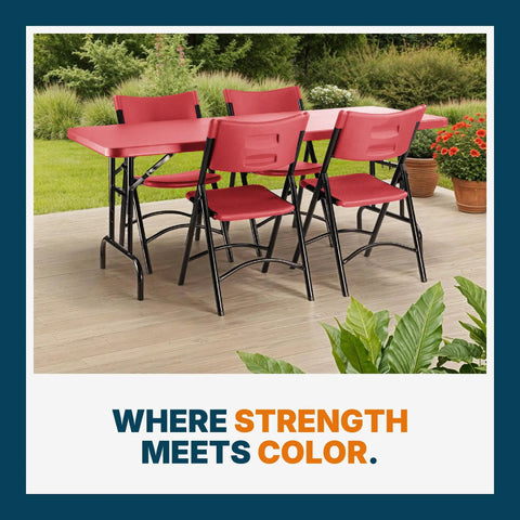 Heavy Duty Adjustable Height Folding Table For Pro Events Built Tough 6 Foot Premium Industrial Table With Pedestal Legs 17 Gauge Steel Frame 1.75 Inch Thick Double Wall HDPE Top 72 By 30 Inches Red Top with red chairs on a patio.