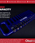 Magnetic Grab And Go Portable Socket Organizer Tray One Quarter Inch Drive Blue Holder For Deep And Shallow Sockets Professional Tool Organizer Holds Up To Five Eighths Inch SAE Or Fourteen Millimeter Metric Durable, showing tray with sockets.