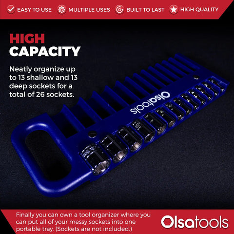 Magnetic Grab And Go Portable Socket Organizer Tray One Quarter Inch Drive Blue Holder For Deep And Shallow Sockets Professional Tool Organizer Holds Up To Five Eighths Inch SAE Or Fourteen Millimeter Metric Durable, showing tray with sockets.