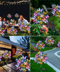 Solar Garden Lights Outdoor 2 Pack With 34 Butterflies And 44 LED Fairy Lights illuminating a garden for nighttime ambience.