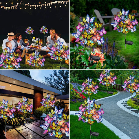 Solar Garden Lights Outdoor 2 Pack With 34 Butterflies And 44 LED Fairy Lights illuminating a garden for nighttime ambience.