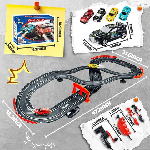 Rad Slot Car Race Track Set With Four High Speed Cars Dual Control System Hand Cranked And Electric Dual Lap Counter Circular Overpass Track Perfect Gift For Kids And Adults, showcasing cars and track layout with dimensions.