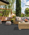 Outdoor patio with Interlocking Plastic Deck Tiles 27 Sq Ft Outdoor Flooring 12x12 Waterproof Patio Balcony Tiles All Weather Dark Grey