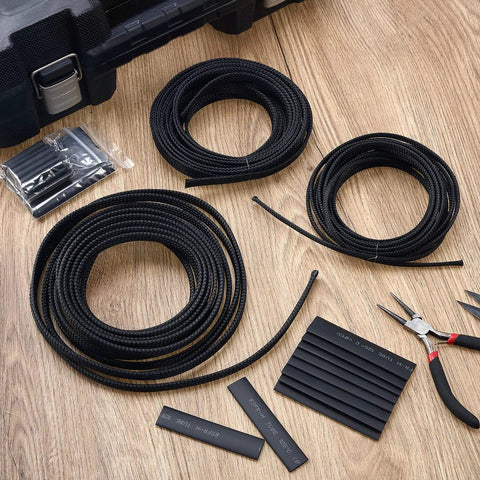 Expandable Braided Cable Sleeve Kit Made From PET 50Ft Total Includes 1/2 Inch 1/4 Inch And 3/8 Inch Sizes Black 3 Rolls