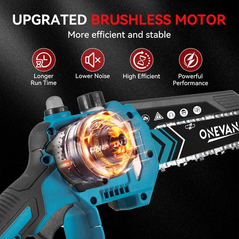 Close-up of Six In One Cordless Pole Saw And Hedge Trimmer with long reach, showing brushless motor and electric chainsaw details.