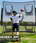 Boy practicing with 6x6ft Football Throwing Net With Five Target Pockets For Quarterback Accuracy Training on field