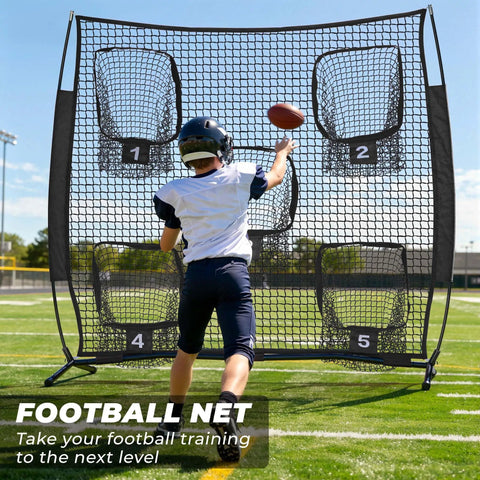 Boy practicing with 6x6ft Football Throwing Net With Five Target Pockets For Quarterback Accuracy Training on field