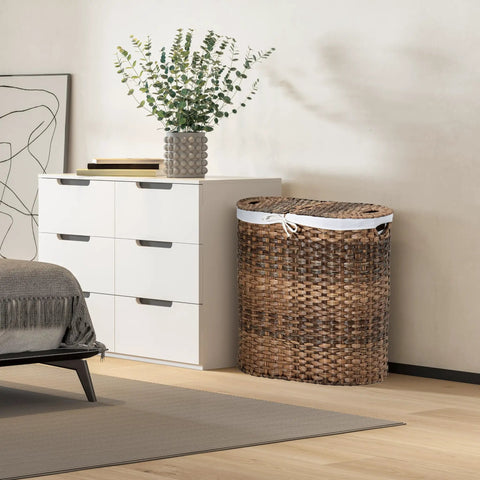 Handwoven Portable Laundry Hamper With Carry Handles, Durable Steel Frame, Water Resistant Strands, Oval Mocha Brown Bin For Clothes Linens And Sheets, Easy Sorting And Quick Transport