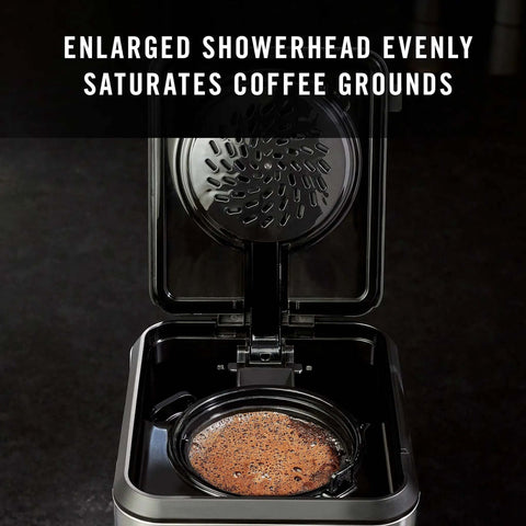 Programmable Coffee Maker With Glass Carafe, 14 Cup Capacity, Stainless Steel Finish showing interior showerhead design.