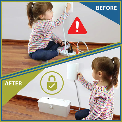 Girl interacts with Baby Safe Power Strip Cover And Outlet Box Bundle For Floor Or Wall Mount Keeps Kiddo Hands Safe From Cords