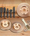 9 Piece Heavy Duty Wood Carving Disc Set For Four Inch To Four And A Half Inch Angle Grinders With Five Eighth Inch Arbor, tools shown