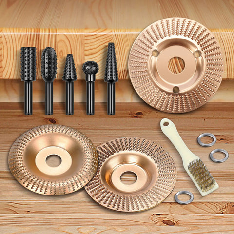 9 Piece Heavy Duty Wood Carving Disc Set For Four Inch To Four And A Half Inch Angle Grinders With Five Eighth Inch Arbor, tools shown