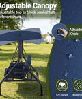 Adjustable canopy of Three Seat Outdoor Porch Swing With Adjustable Canopy And 2 In 1 Convertible Bed For Backyard Blue With Cup Holder