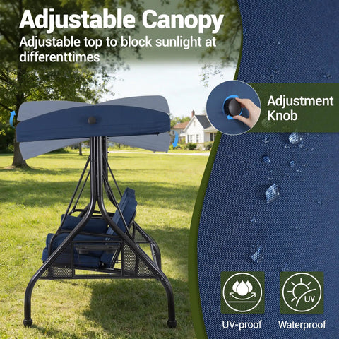 Adjustable canopy of Three Seat Outdoor Porch Swing With Adjustable Canopy And 2 In 1 Convertible Bed For Backyard Blue With Cup Holder