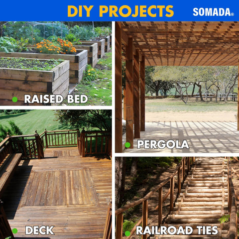 Auger drill bit for wood - SOMADA DIY projects collage showing raised beds, deck, pergola, railroad ties.