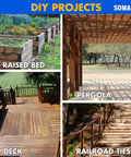 DIY projects including raised bed, pergola, deck, and railroad ties built with SOMADA tools for outdoor spaces.