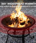 22 Inch Outdoor Fire Pit With Mesh Lid And Log Grate For Backyard Deck Camping And Picnics Durable Steel Construction Heat Resistant And Easy To Carry Portable Fire Pit For Warm Evenings showcasing 360-degree warmth with logs burning.