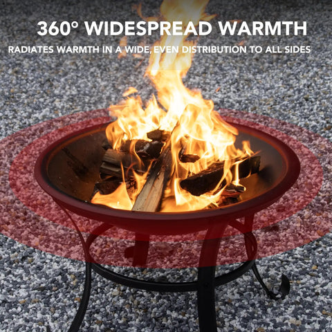 22 Inch Outdoor Fire Pit With Mesh Lid And Log Grate For Backyard Deck Camping And Picnics Durable Steel Construction Heat Resistant And Easy To Carry Portable Fire Pit For Warm Evenings showcasing 360-degree warmth with logs burning.