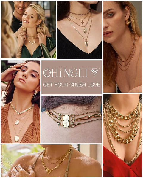 Lucky Necklace Layering Clasp Separator For Stackable Chains Easy To Use With Arthritis Or Long Nails A Must Have 14K Gold And Silver Plated Multiple Clasps For Women Jewelry Accessories displayed in use with layered necklaces.