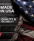 USA flag with text 'Proudly Made in USA' and 'Trusted Quality & Reliability' on wooden background.