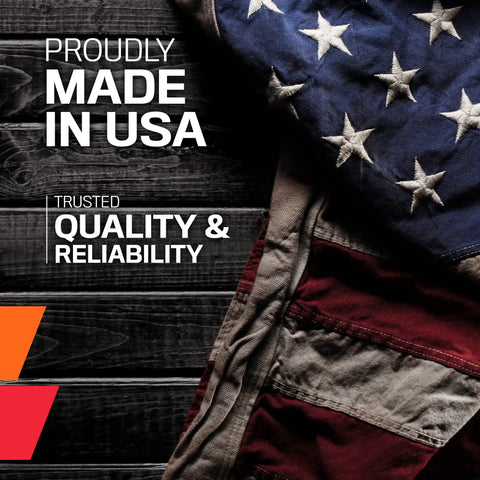 USA flag with text 'Proudly Made in USA' and 'Trusted Quality & Reliability' on wooden background.