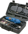 WEN 2305 rotary tool kit with flex shaft in case; blue handheld tool with assorted bits and sanding discs.