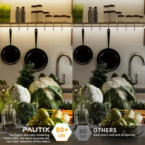 Comparison of kitchen lighting with Ultra Bright 24ft COB LED Strip Light, showing high CRI contrast versus lower CRI lighting.