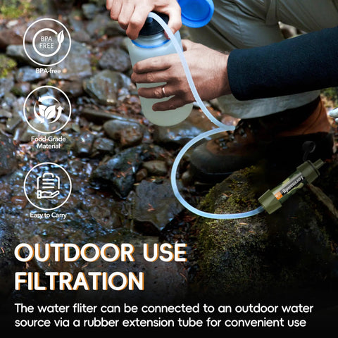Man using Portable Water Purifier Straw For Hiking And Camping, Reusable Filtration System With Medical Grade Filters, BPA Free