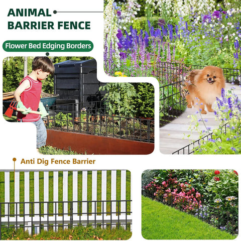 No Dig Garden Fence Kit With 30 Panels And Forty Two And A Half Feet Total Length Keeps Dogs And Rabbits Out Rustproof Anti Digging Barrier Garden Edging Border For Outdoor Yard Patio Perimeter And Ground Defense showing various installations