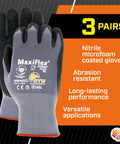 Grippy Foam Nitrile Palm Coated Work Gloves With Knit Wrist For Dirt And Debris Protection, Large Gray Pack of Three