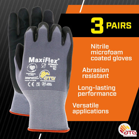 Grippy Foam Nitrile Palm Coated Work Gloves With Knit Wrist For Dirt And Debris Protection, Large Gray Pack of Three