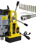 Workhorse Magnetic Drill Press Equipped With MT3 Spindle Taper And 13 Piece Annular Cutter Set For Knocking Out Clean Holes In Thick Metal Panels Up To Two Inches Deep 1350 Watt Motor Built Damn Tough For The Daily Grind, showing the drill and accessories.