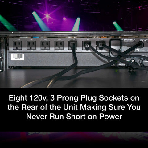 Back view of 8 Outlet Power Center For Single Rack Space With Lighted On Off Switches And 15 Amp Breaker Easy Cable Management.
