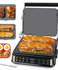 Bakers Friend 6-in-1 Indoor Grill And Electric Griddle Combo with sandwiches and silicone mold on display.