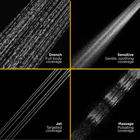 Image showing four spray patterns of the Spectra Fixed 4 Function Adjustable Shower Head With 7 Inch Face 1.8 GPM Flow Legacy Bronze Finish Four Sprays.