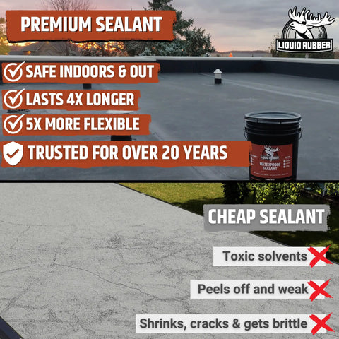 DIY Waterproof Sealant For Flat, Metal And Low Slope Roofs, Foundations, Gutters And More, Flexible Rubber Membrane, Black Finish, 1 Gallon bucket on a roof