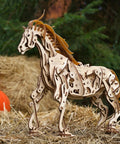 3D Wooden Horse Puzzle Kit With Moving Leg Mechanism, 410-piece wooden model on hay with hand-crank mechanism