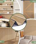 No Sweat Peel And Stick Faux Wood Slats Self Adhesive Wall Panels Light Oak Finish in a cozy living room and bar settings.