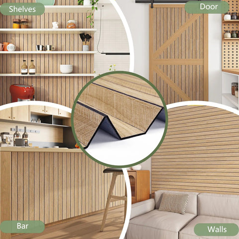 No Sweat Peel And Stick Faux Wood Slats Self Adhesive Wall Panels Light Oak Finish in a cozy living room and bar settings.