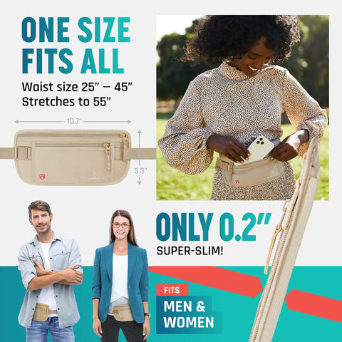 Stealthy Hidden Travel Money Belt with Full RFID Blocking, slim waist wallet pouch for passports, anti-theft, beige color