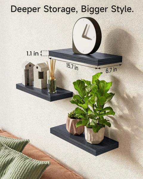 Wall Floating Shelves, Wall Mounted Rustic Wood Shelves for Bathroom, Bedroom, Living Room, Kitchen, Decor with Clock and Plants