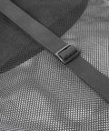 Close-up of black mesh fabric with adjustable shoulder strap from Breathable Mesh Gear Bag For Snorkel Gear And Dive Mask With Heavy Duty Zipper.